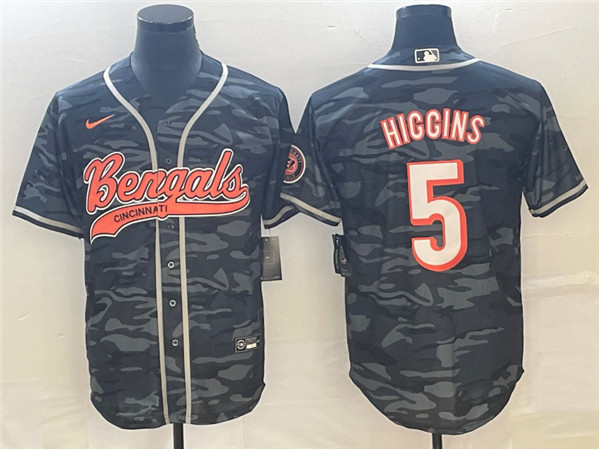 Cincinnati Bengals #5 Tee Higgins Gray Camo With Patch Cool Base Stitched Baseball Jersey